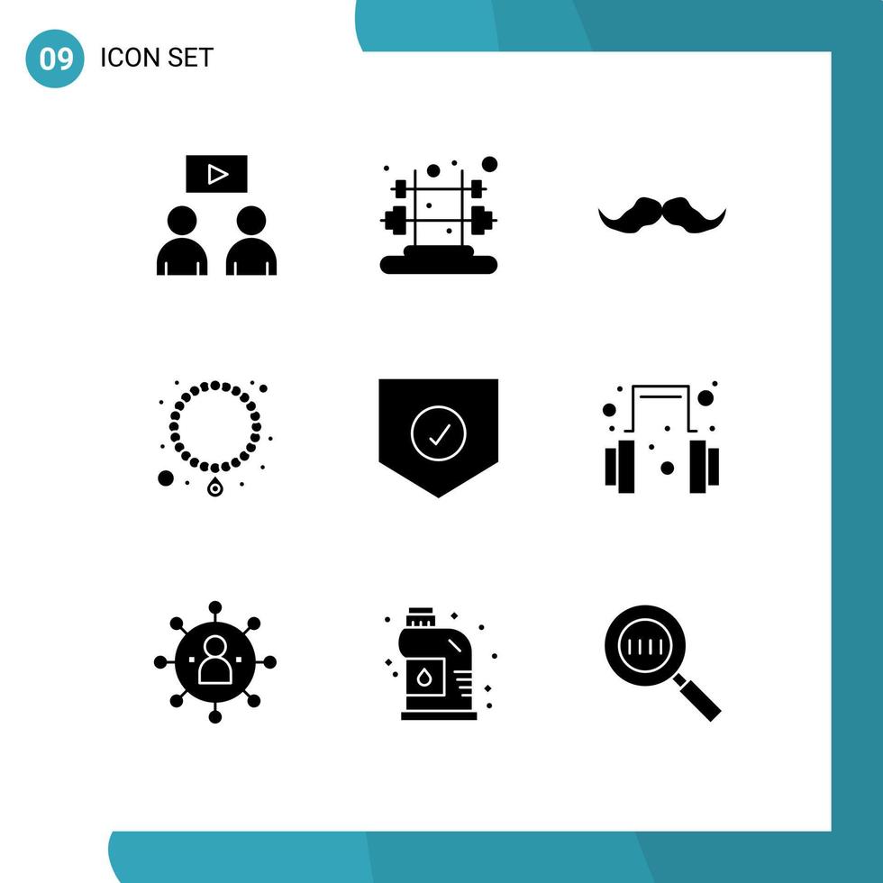 Solid Glyph Pack of 9 Universal Symbols of shield protect movember check necklace Editable Vector Design Elements