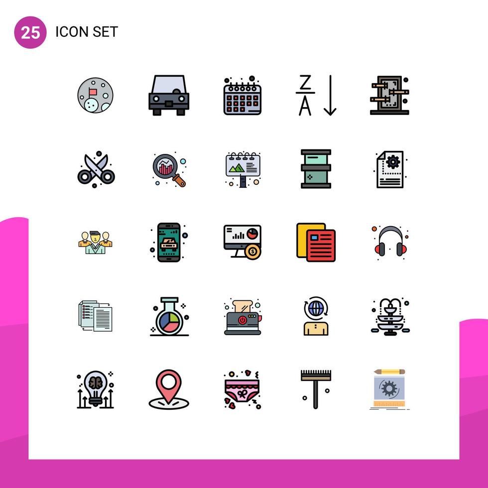 25 Thematic Vector Filled line Flat Colors and Editable Symbols of piercings box vehicles sort alphabetical Editable Vector Design Elements