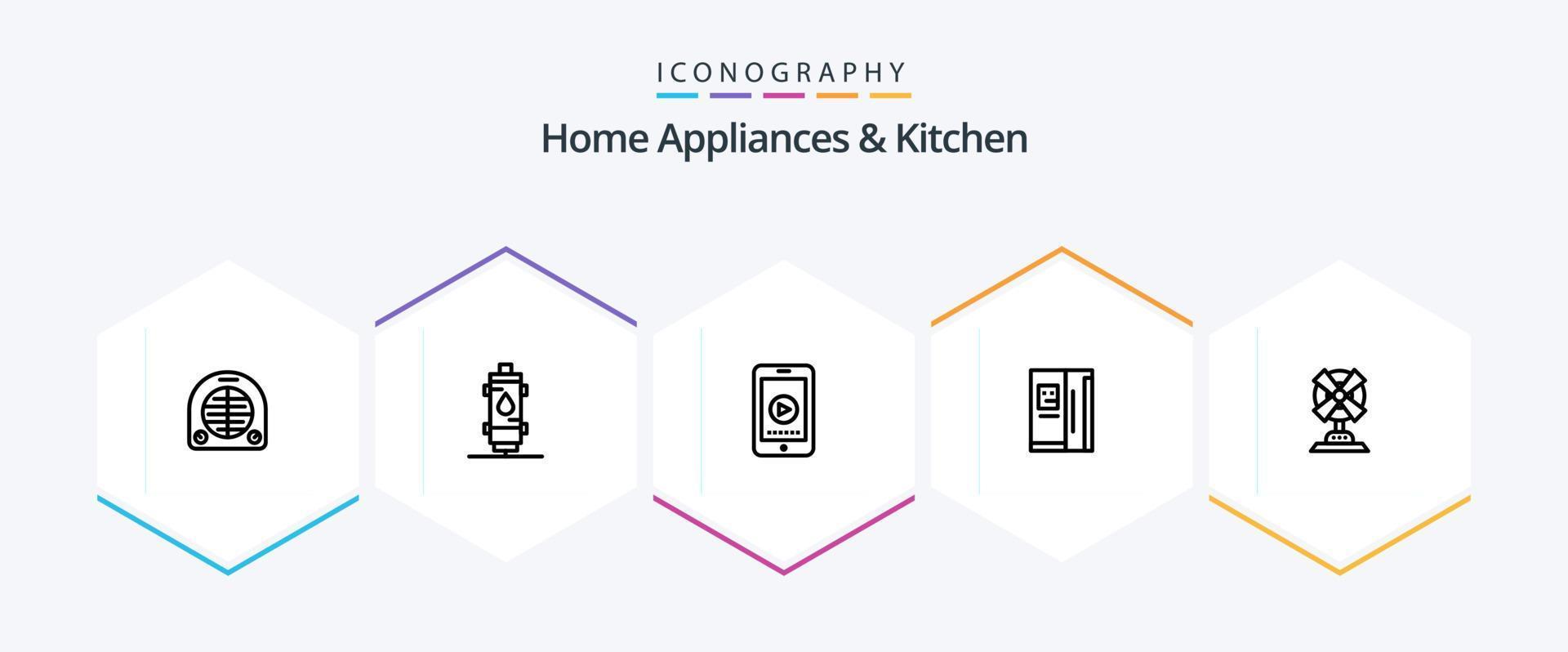 paquete de iconos de 25 líneas de electrodomésticos y cocina que incluye video. célula . calor. teléfono. casa vector