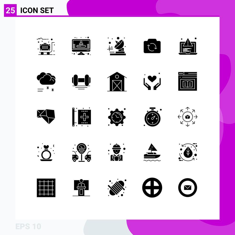 Pack of 25 creative Solid Glyphs of web alert telecommunication development basic Editable Vector Design Elements