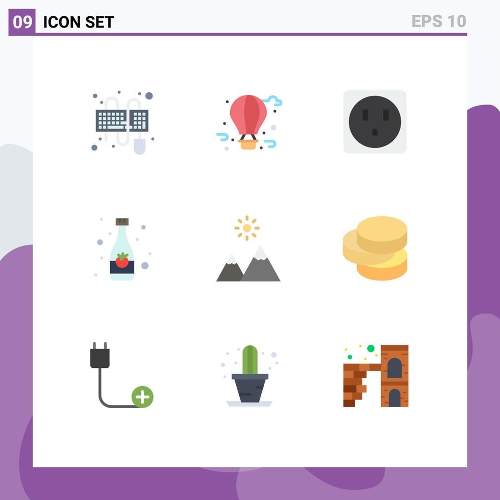 Universal Icon Symbols Group of 9 Modern Flat Colors of peak mountain electric extreme drink Editable Vector Design Elements