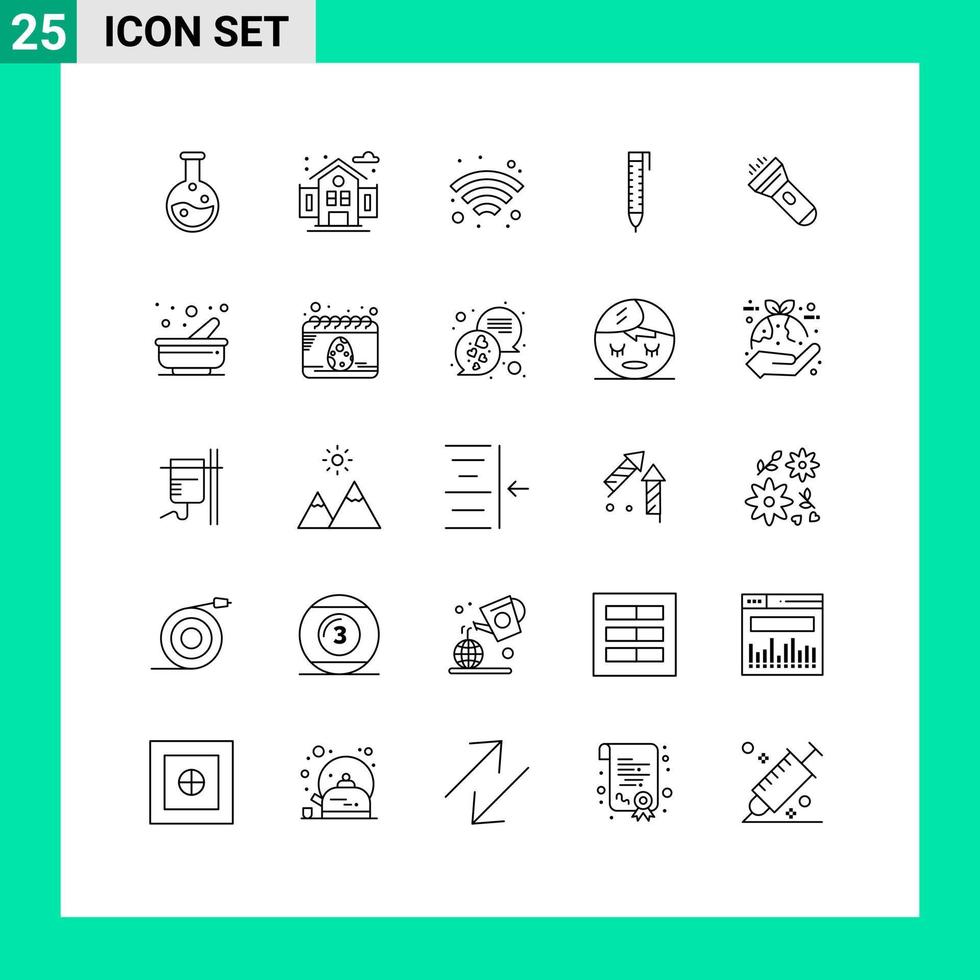 Universal Icon Symbols Group of 25 Modern Lines of kitchen flash wireless torch flashlight Editable Vector Design Elements