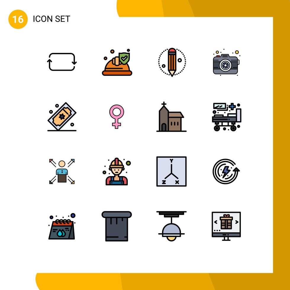 Universal Icon Symbols Group of 16 Modern Flat Color Filled Lines of movie tickets cinema tickets creative lens photo Editable Creative Vector Design Elements