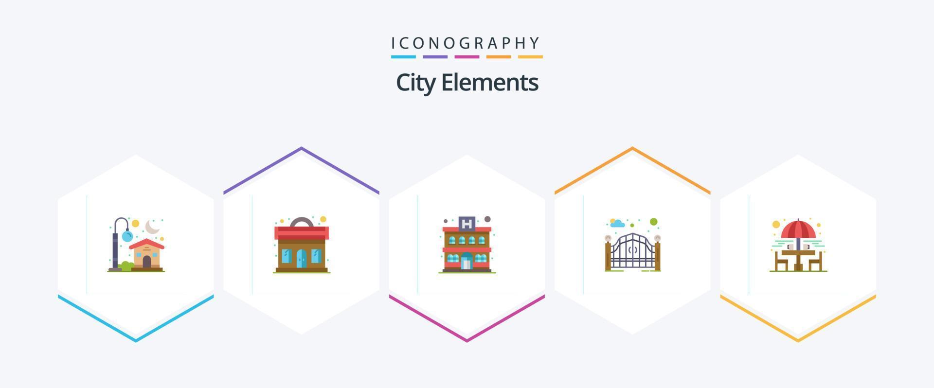 elementos de la ciudad 25 paquete de iconos planos que incluye jardín. silla. Departamento. puerta de la calle. portón vector