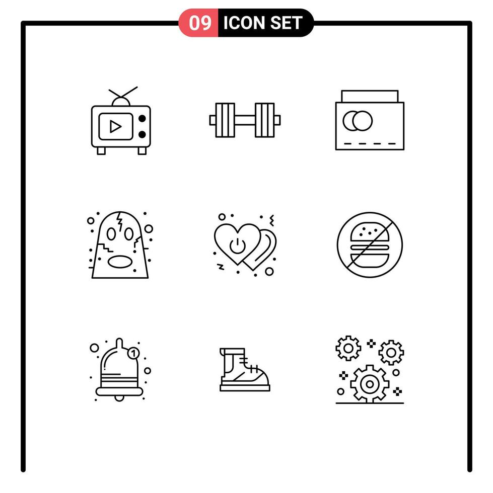 Set of 9 Vector Outlines on Grid for love scary beach halloween angry Editable Vector Design Elements