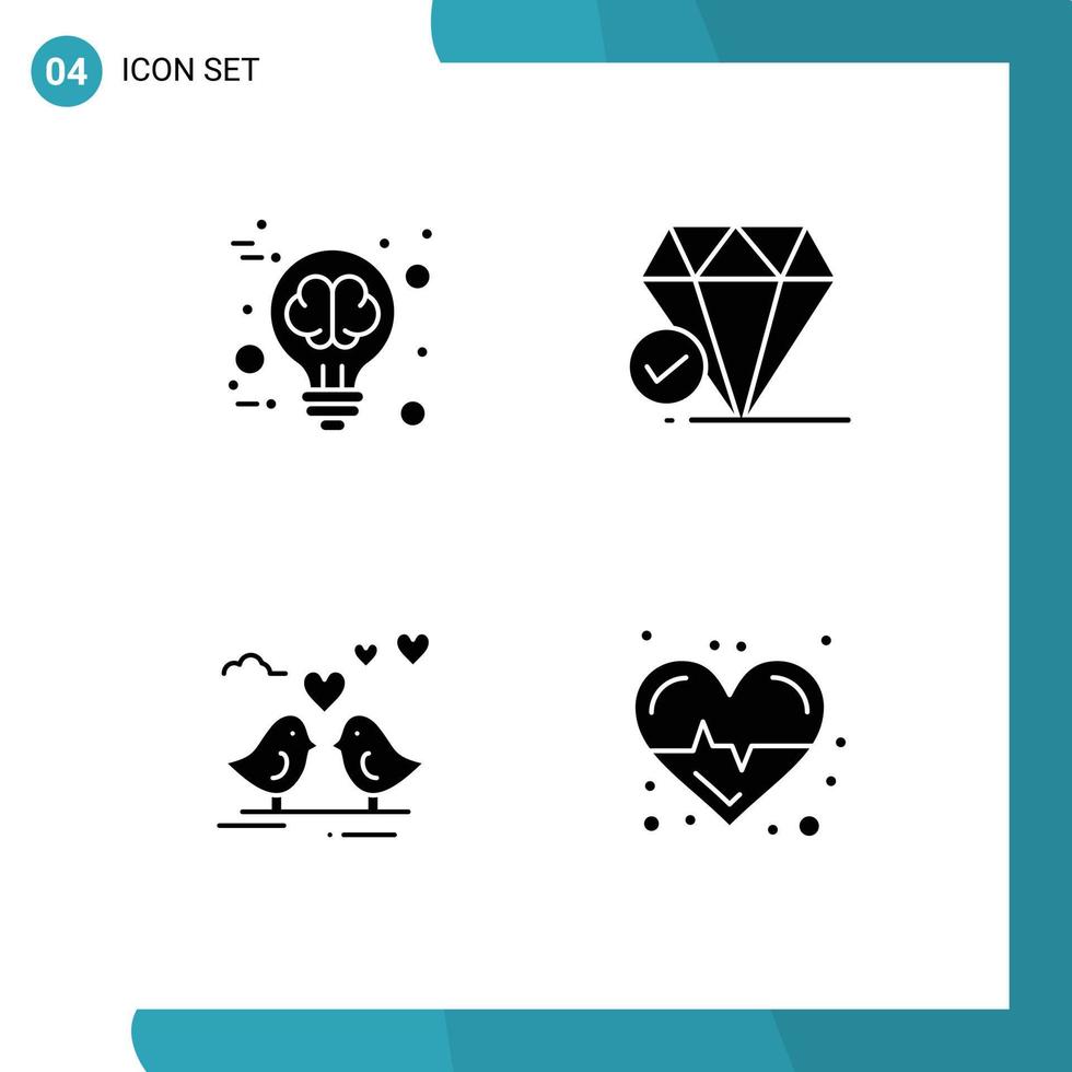 4 User Interface Solid Glyph Pack of modern Signs and Symbols of brain love brain storming big think heart Editable Vector Design Elements