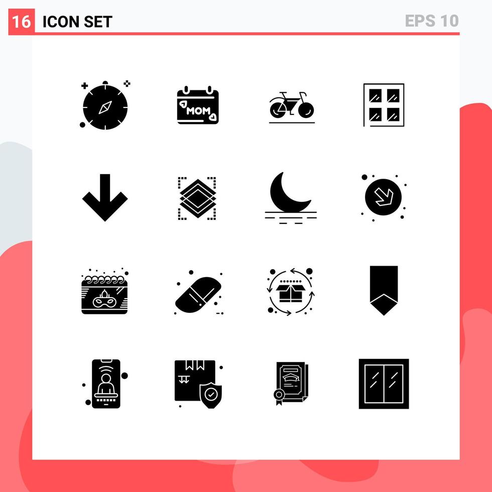 Pack of 16 creative Solid Glyphs of down building love construction sport Editable Vector Design Elements