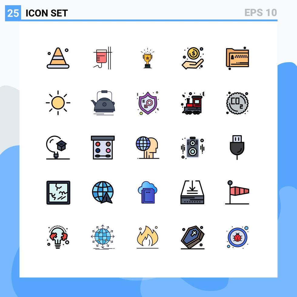 paquete de 25 modernos signos y símbolos de colores planos de línea rellena para medios de impresión web, como dinero de carpeta en mano, dinero en efectivo, elementos de diseño de vectores editables