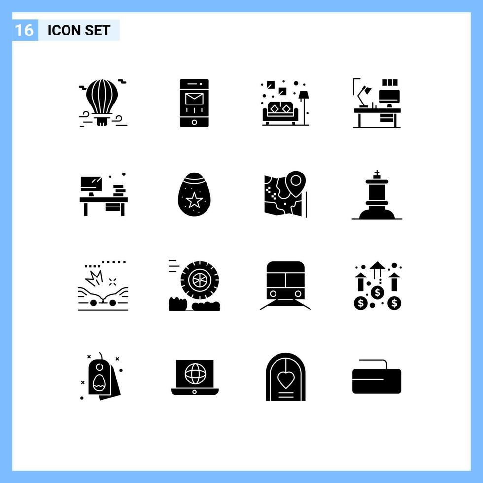 Editable Vector Line Pack of 16 Simple Solid Glyphs of table computer message lamp table Editable Vector Design Elements