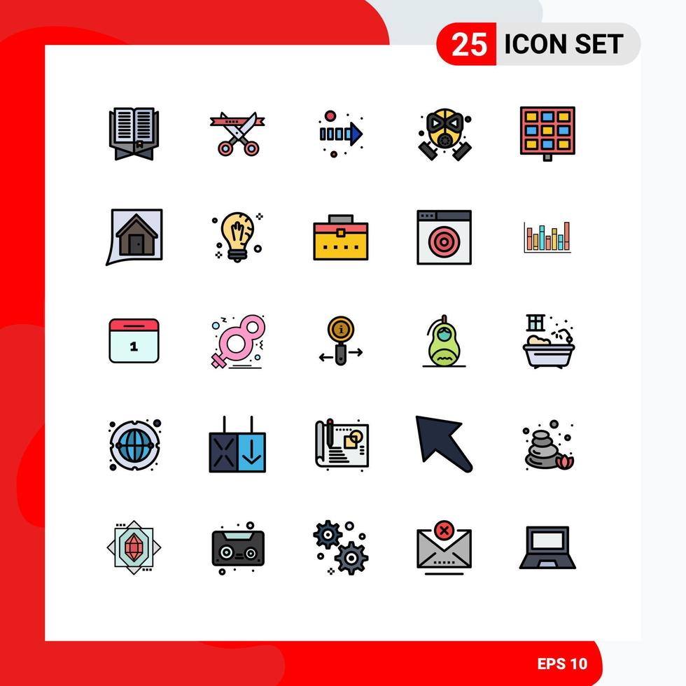 Group of 25 Filled line Flat Colors Signs and Symbols for solar protection opening mask fire Editable Vector Design Elements