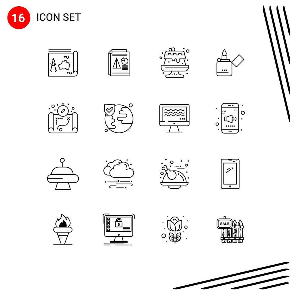 Universal Icon Symbols Group of 16 Modern Outlines of map smoking chart lighter cake Editable Vector Design Elements