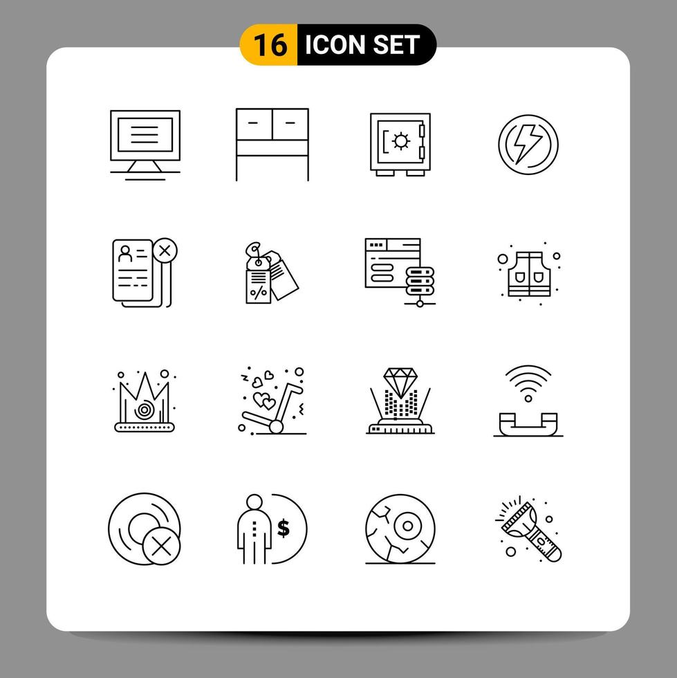 Pictogram Set of 16 Simple Outlines of cv business security power voltage Editable Vector Design Elements