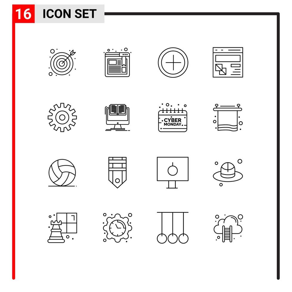 Pack of 16 Modern Outlines Signs and Symbols for Web Print Media such as cogs setting user gear page Editable Vector Design Elements