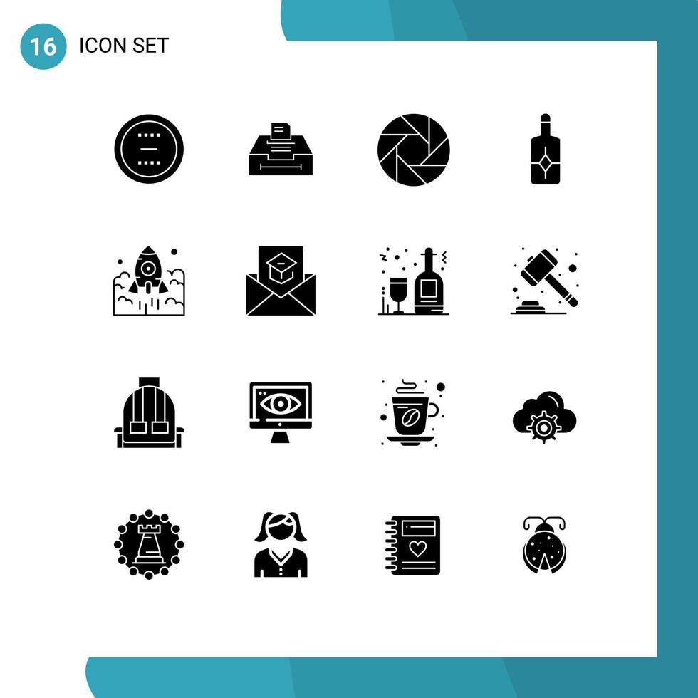 conjunto moderno de 16 glifos y símbolos sólidos, como elementos de diseño de vectores editables de foto de crema de información de bloqueador solar de cohetes