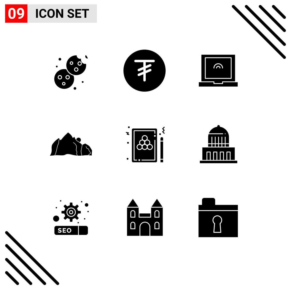 Editable Vector Line Pack of 9 Simple Solid Glyphs of billiards billiard touch snooker mountain Editable Vector Design Elements