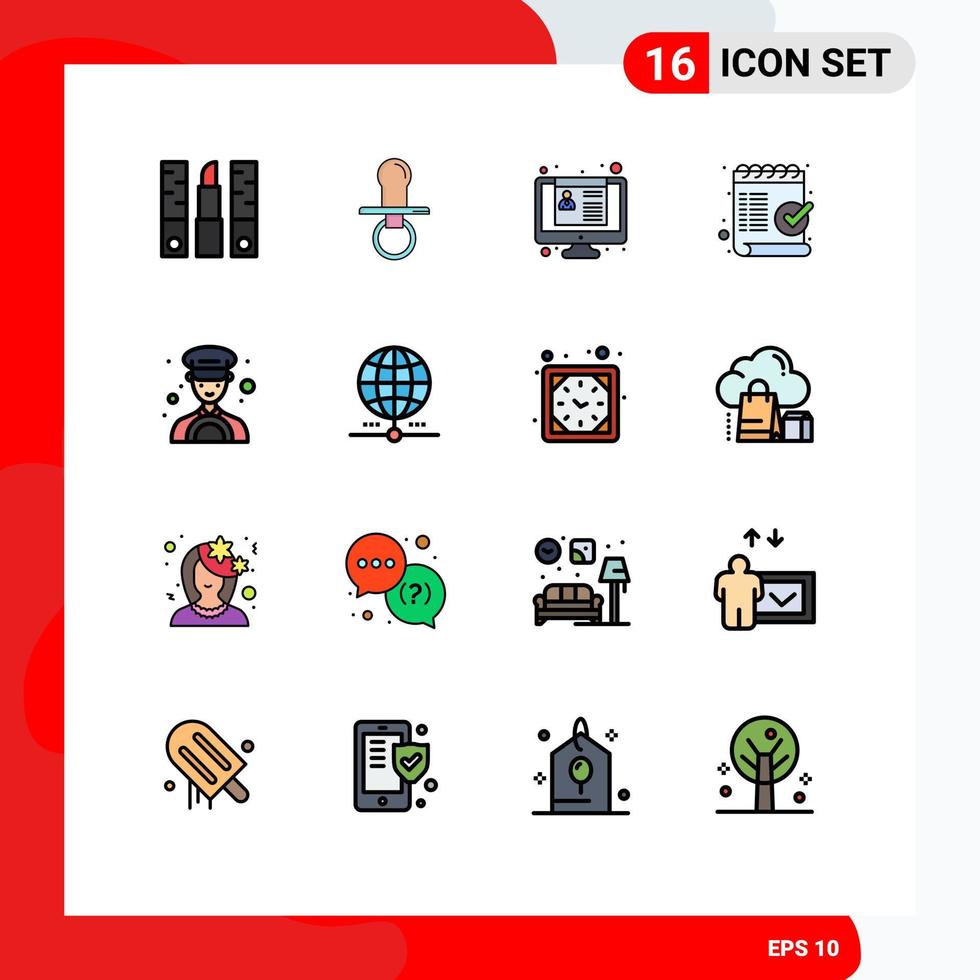 16 concepto de línea llena de color plano para sitios web móviles y aplicaciones marcar lista de verificación chupete verificar aplicación de trabajo elementos de diseño de vectores creativos editables