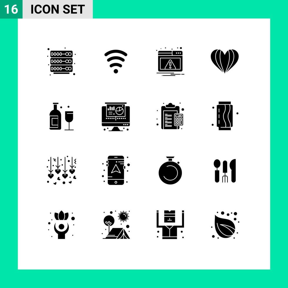 Set of 16 Vector Solid Glyphs on Grid for whiskey bar notification alcohol love Editable Vector Design Elements