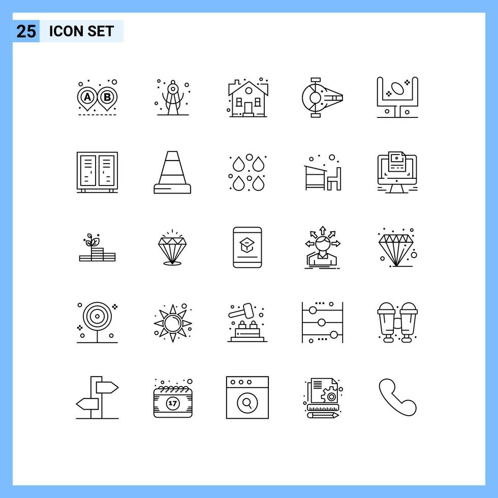 25 User Interface Line Pack of modern Signs and Symbols of american ship home interceptor cruiser Editable Vector Design Elements