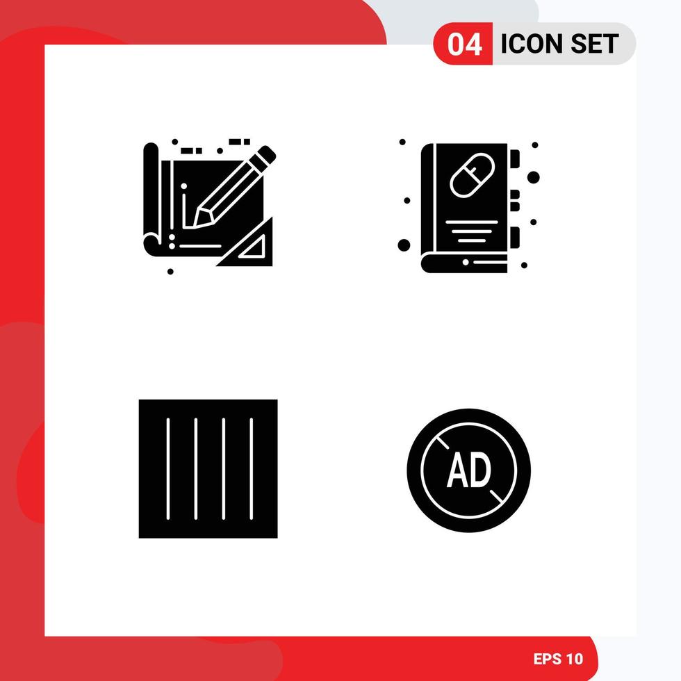 Set of 4 Vector Solid Glyphs on Grid for tools clothing construction health book dry Editable Vector Design Elements