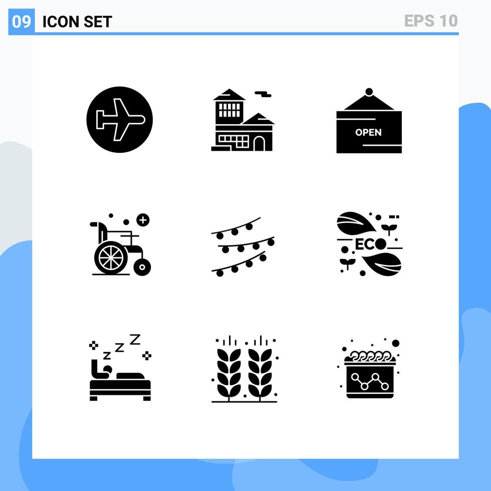 Universal Icon Symbols Group of 9 Modern Solid Glyphs of lights wheel chair office wheel signboard Editable Vector Design Elements