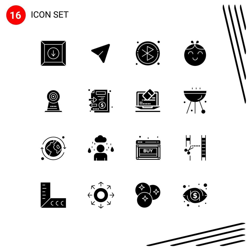 Group of 16 Solid Glyphs Signs and Symbols for documents security circle webcam girl Editable Vector Design Elements