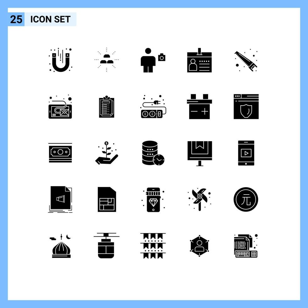 Mobile Interface Solid Glyph Set of 25 Pictograms of id card interest badge human Editable Vector Design Elements