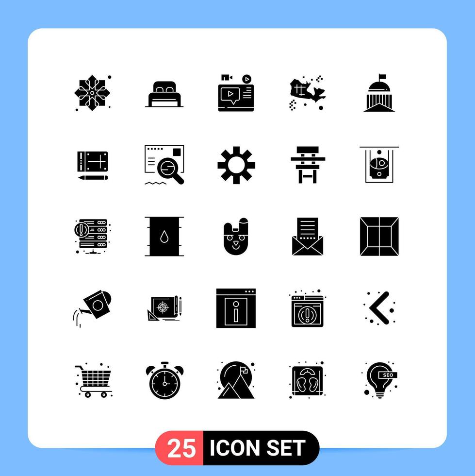 Set of 25 Commercial Solid Glyphs pack for world location hotel map youtube Editable Vector Design Elements