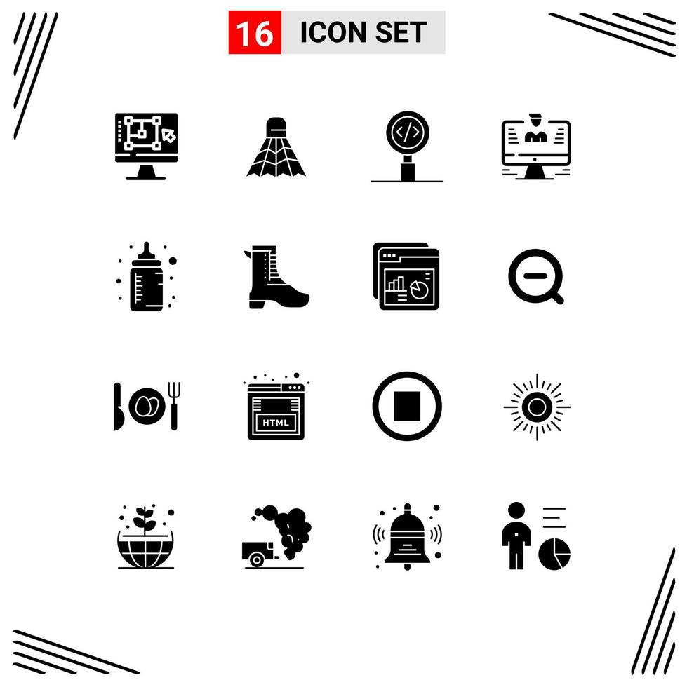 Set of 16 Vector Solid Glyphs on Grid for report computer game user programming Editable Vector Design Elements