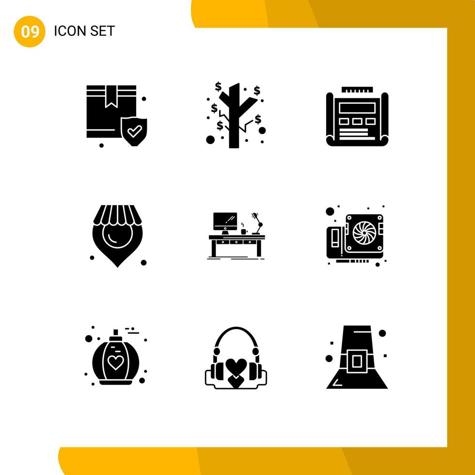 9 Thematic Vector Solid Glyphs and Editable Symbols of computer workplace design supermarket location Editable Vector Design Elements