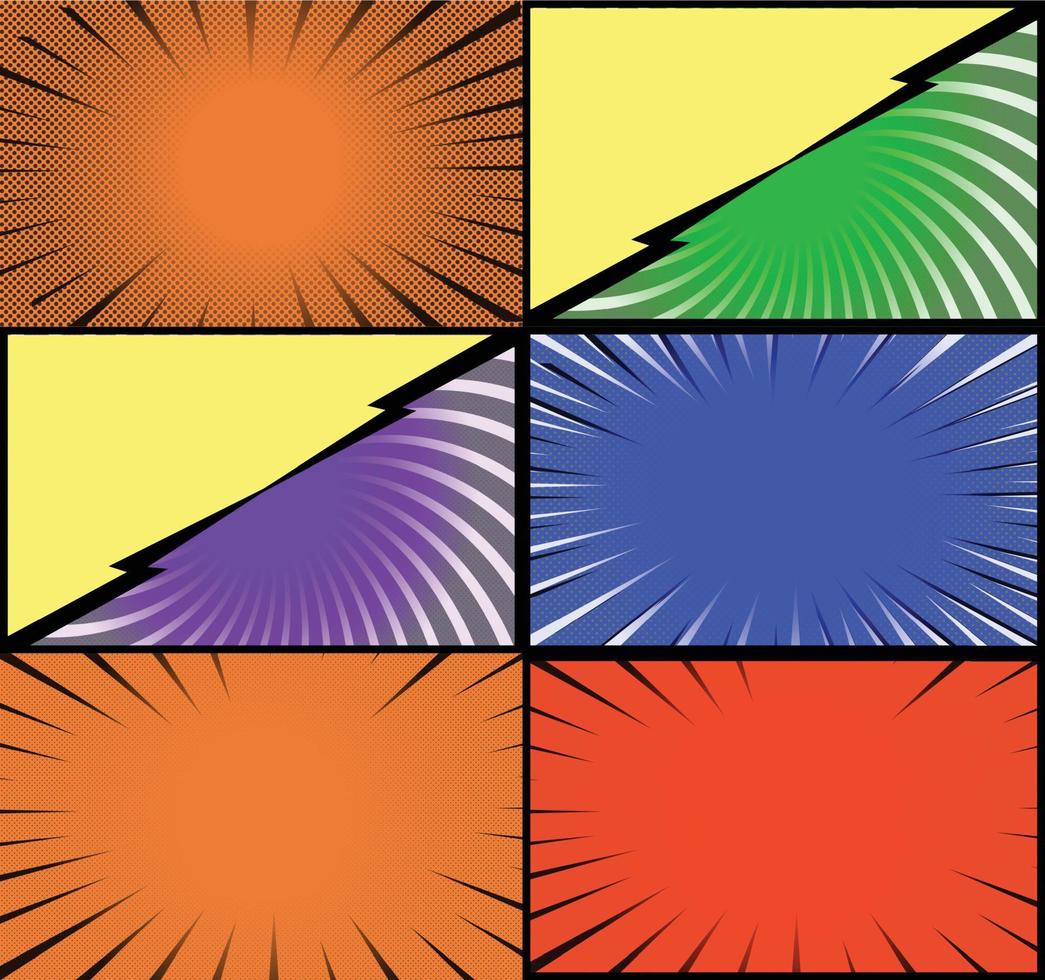 Comic book colorful frames background with halftone rays radial and dotted effects pop art style vector