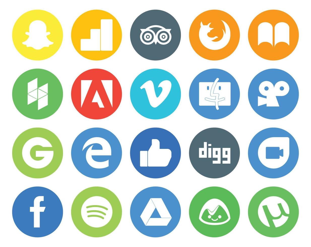 Paquete de 20 íconos de redes sociales que incluye dúo de Google como adobe edge viddler vector