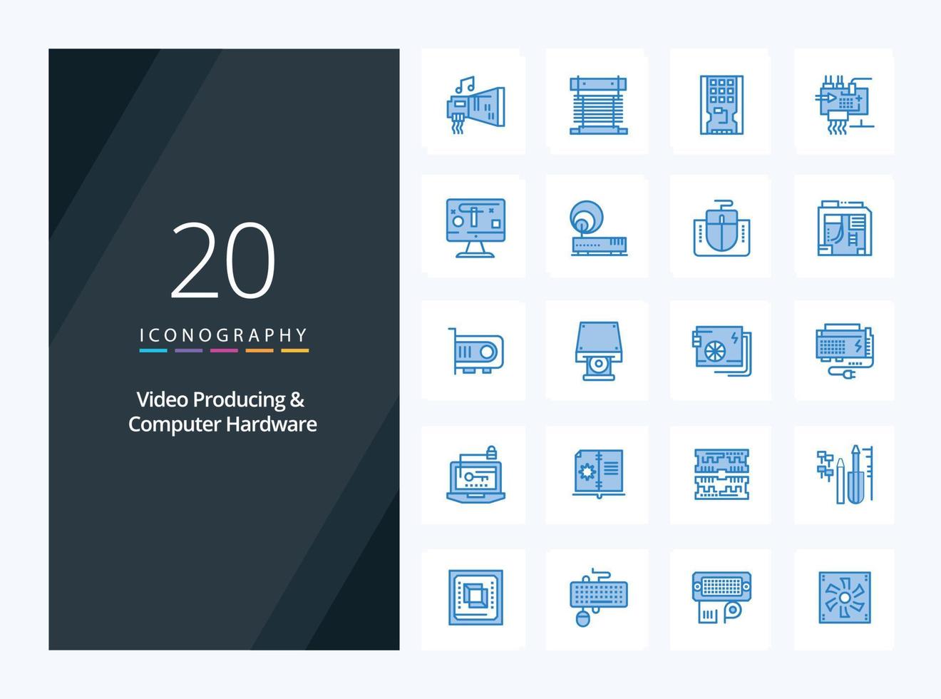 20 Video Producing And Computer Hardware Blue Color icon for presentation vector