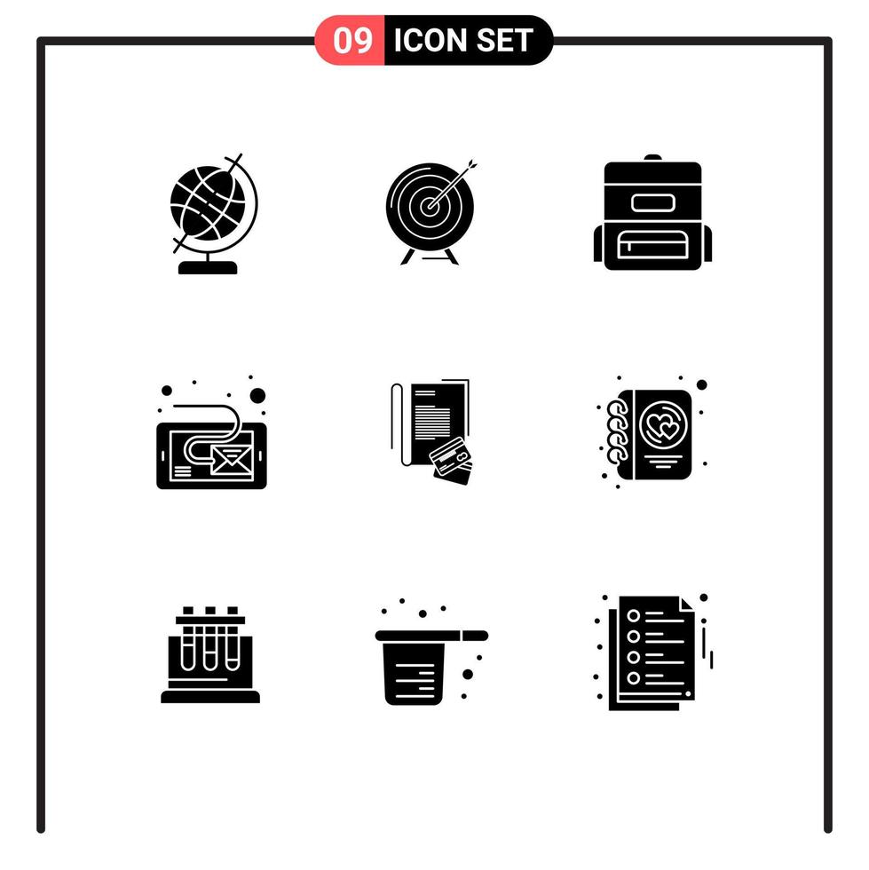 Mobile Interface Solid Glyph Set of 9 Pictograms of note message mission inbox schoolbag Editable Vector Design Elements