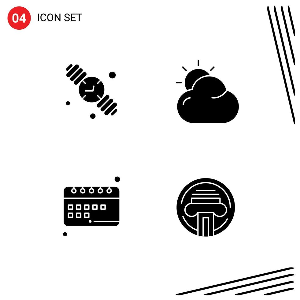Group of 4 Modern Solid Glyphs Set for clock learning hand watch shinning school Editable Vector Design Elements