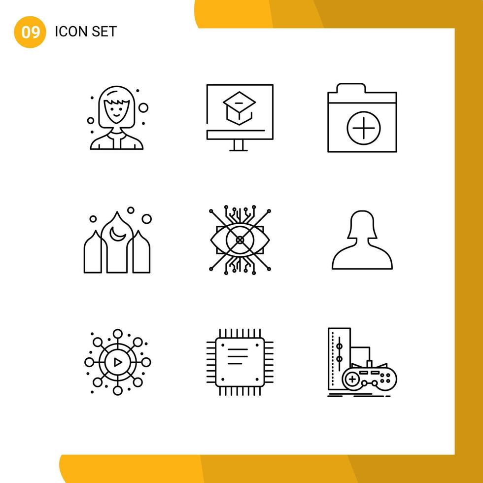 grupo de 9 esboza signos y símbolos para cyber ar agregar ramadan asia elementos de diseño de vectores editables