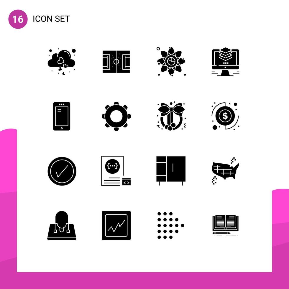 Modern Set of 16 Solid Glyphs and symbols such as computer design soccer layers link Editable Vector Design Elements