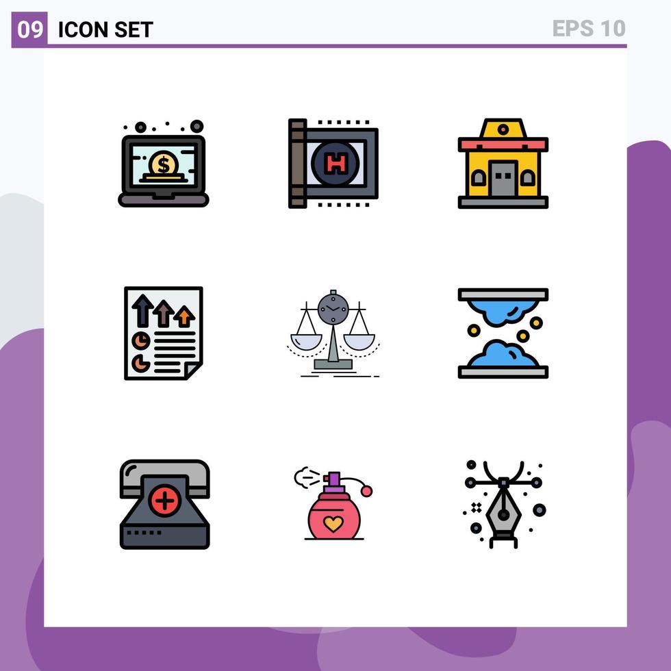 grupo de símbolos de iconos universales de 9 colores planos de línea de relleno modernos de flechas de documentos de construcción de páginas equilibradas elementos de diseño de vectores editables