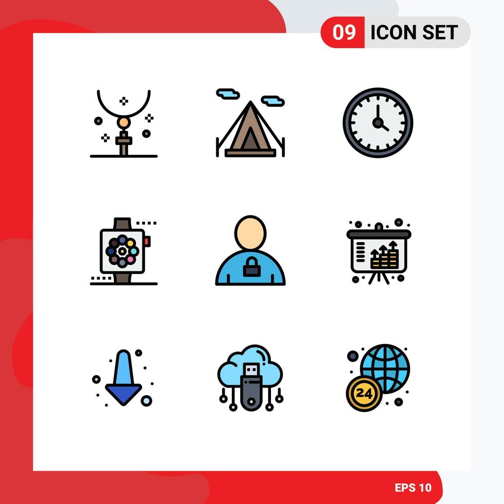 Mobile Interface Filledline Flat Color Set of 9 Pictograms of avatar smart call devices time Editable Vector Design Elements