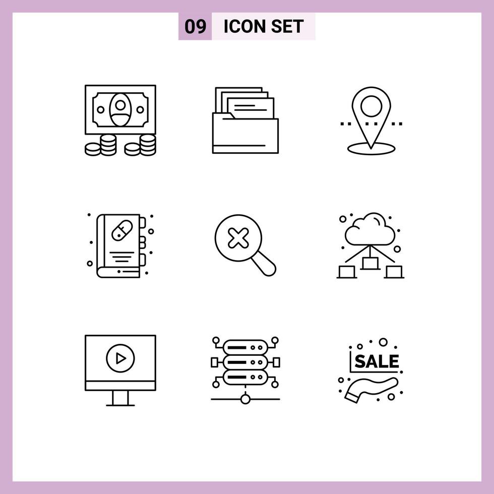 Stock Vector Icon Pack of 9 Line Signs and Symbols for network zoom point search medical book Editable Vector Design Elements