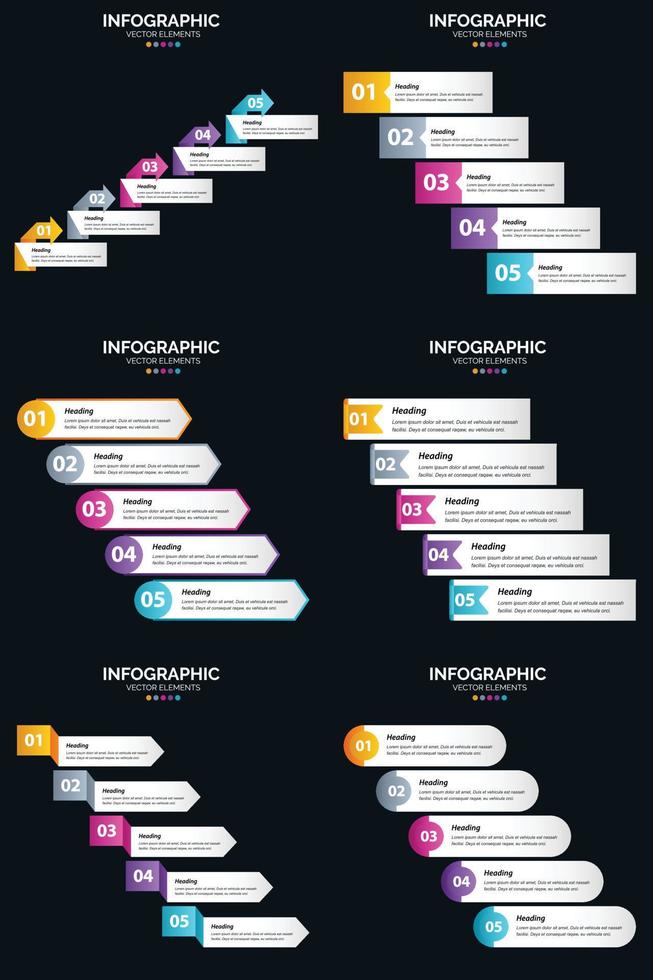 plantilla de diapositiva de presentación del paquete de infografías vectoriales 6 diagramas de ciclo de 5 pasos y líneas de tiempo vector