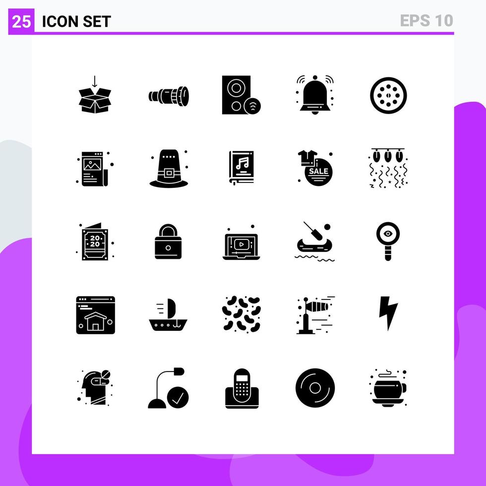 Set of 25 Commercial Solid Glyphs pack for signal bell media alert hardware Editable Vector Design Elements