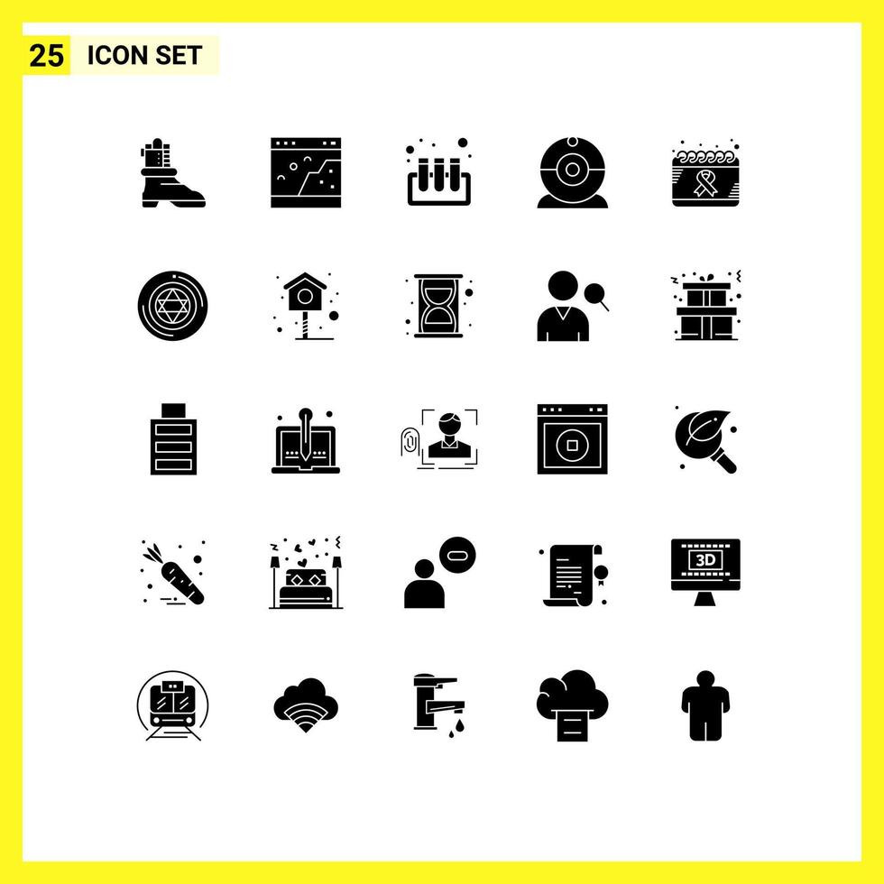 Modern Set of 25 Solid Glyphs Pictograph of health cancer blood calendar camera Editable Vector Design Elements