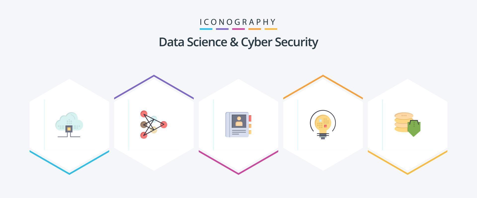 ciencia de datos y seguridad cibernética 25 paquete de iconos planos que incluye dólar. bulbo. teléfono. ligero. datos vector