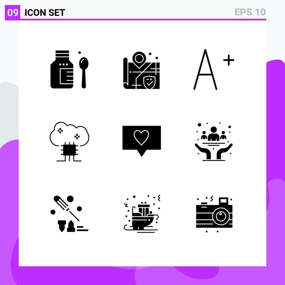 Pack of 9 Modern Solid Glyphs Signs and Symbols for Web Print Media such as cancer message cloud based services love cloud software Editable Vector Design Elements