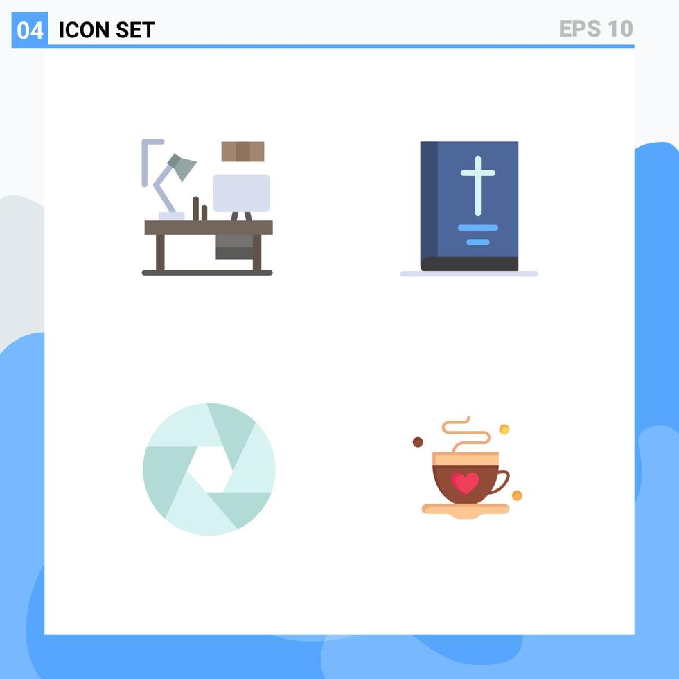 Pack of 4 Modern Flat Icons Signs and Symbols for Web Print Media such as table aperture computer book focus Editable Vector Design Elements