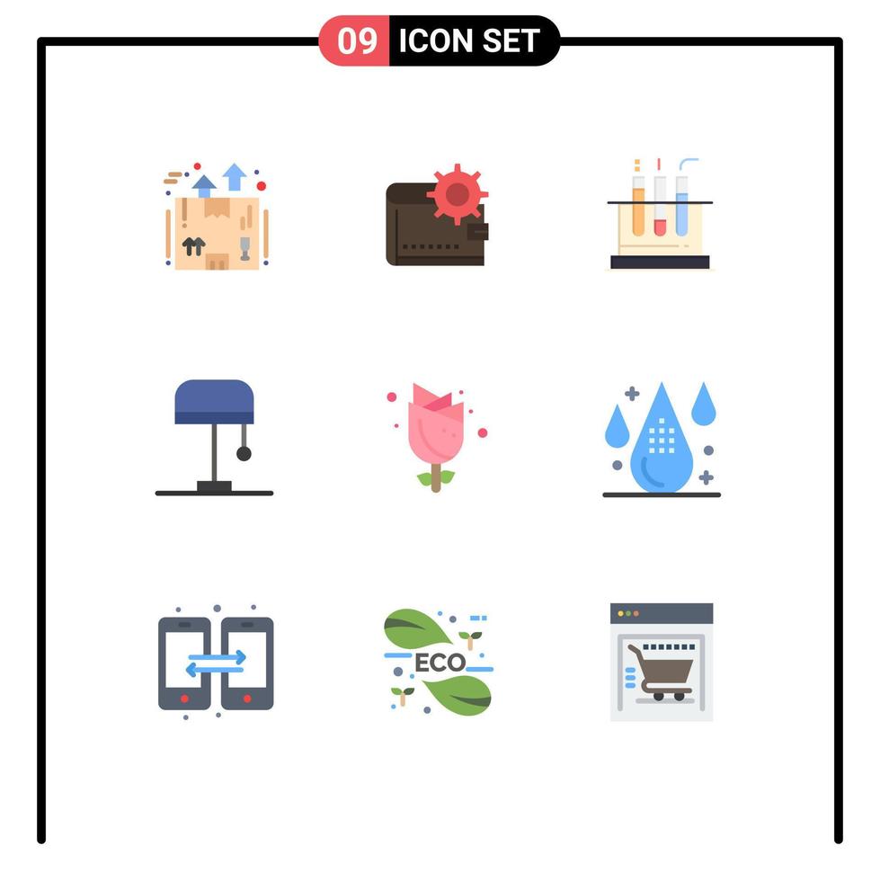Editable Vector Line Pack of 9 Simple Flat Colors of lamp medical money lab tube Editable Vector Design Elements