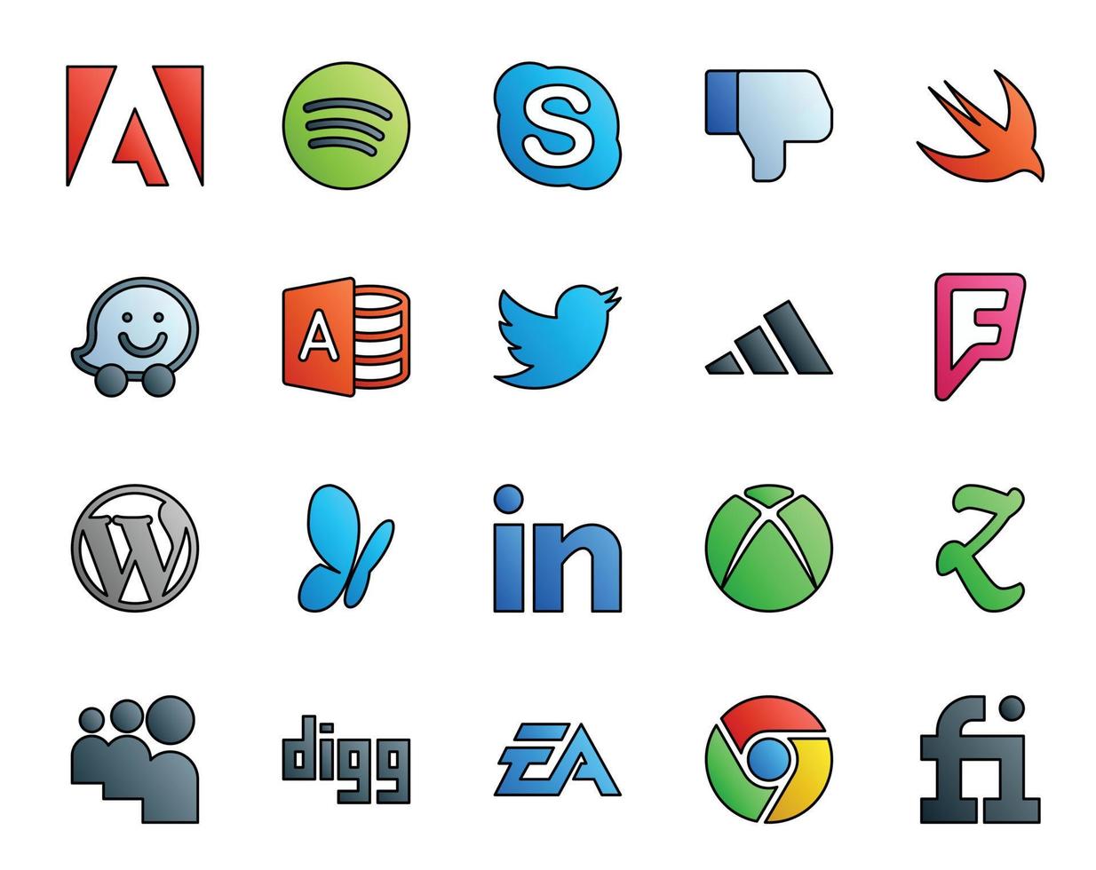 Paquete de 20 íconos de redes sociales que incluye zootool linkedin twitter msn wordpress vector