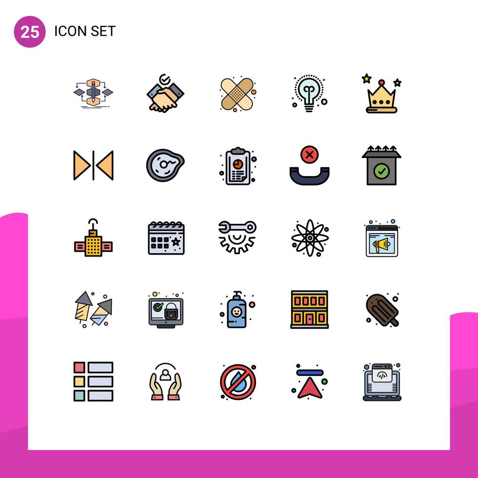 grupo de 25 signos y símbolos de colores planos de línea rellena para elementos de diseño de vectores editables de educación de logro de ayuda de banda de premio de corona