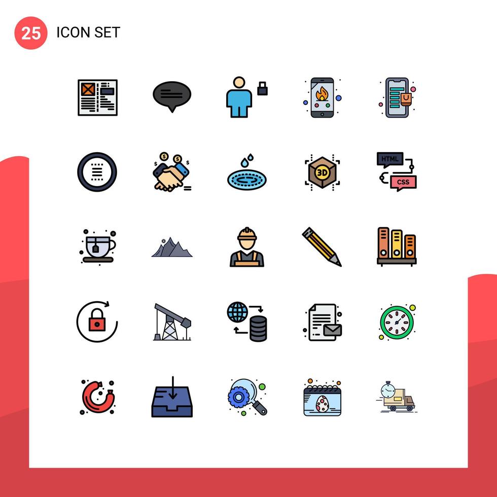 25 Universal Filled line Flat Colors Set for Web and Mobile Applications bag fire avatar emergency padlock Editable Vector Design Elements