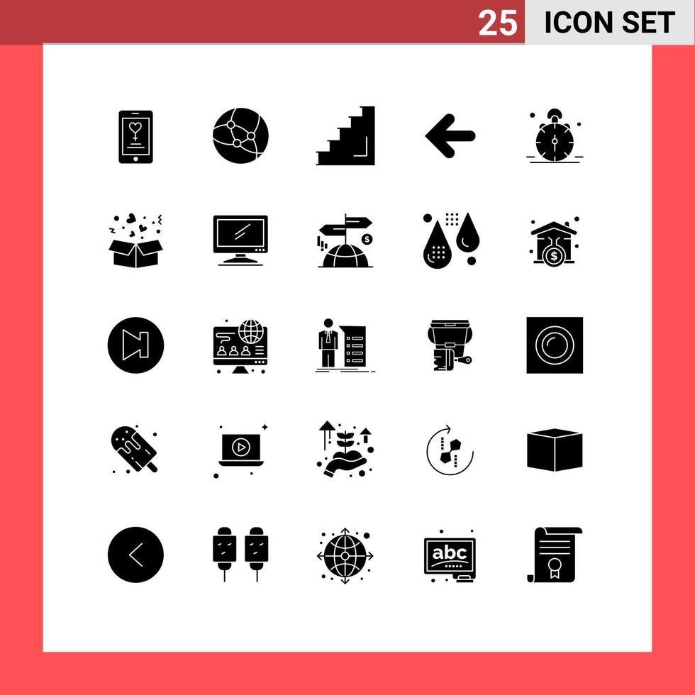 Pack of 25 creative Solid Glyphs of clock point back interior back arrow Editable Vector Design Elements